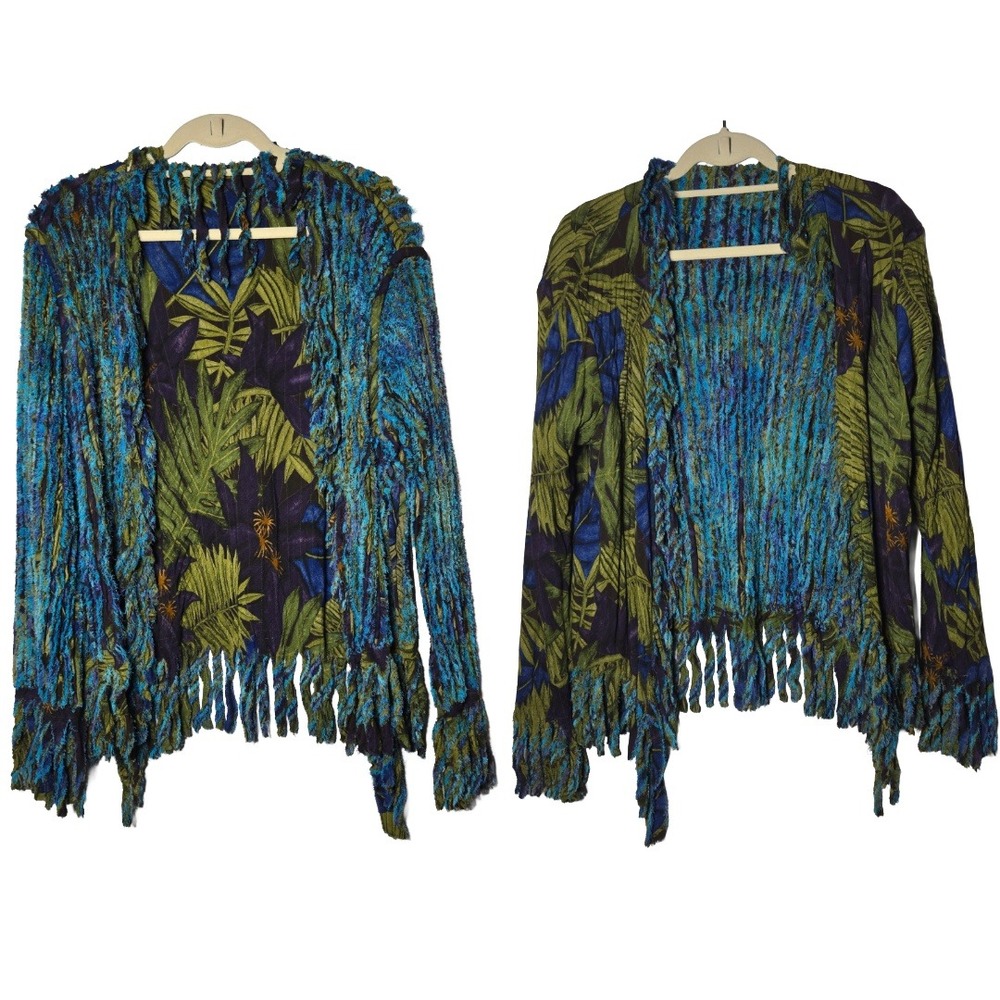 Reversible Chenille Floral Fringe Cardigan Jacket OS Tropical Boho Art Shaggy
